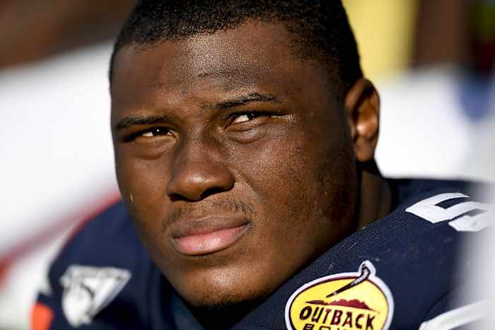 Jan 1, 2020; Tampa, Florida, USA; Auburn Tigers defensive tackle Derrick Brown (5) looks on during the third quarter against the Minnesota Golden Gophers at Raymond James Stadium.